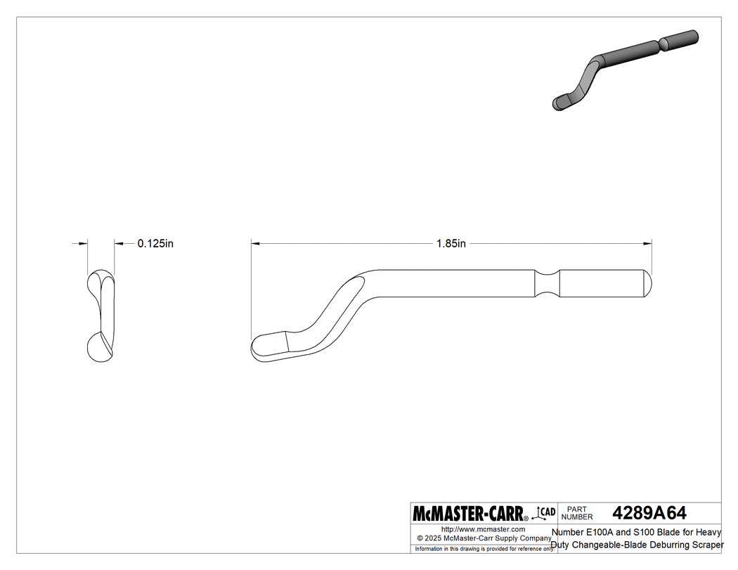 Technical Drawing of Number E100A and S100 Blade for Heavy Duty Changeable-Blade Deburring Scraper.